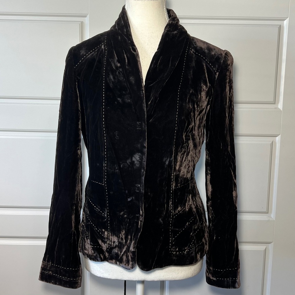 Elie Tahari Chocolate Brown Silk Blend Velvet Blazer Form Fitting Shawl Collar 4 - Picture 9 of 11